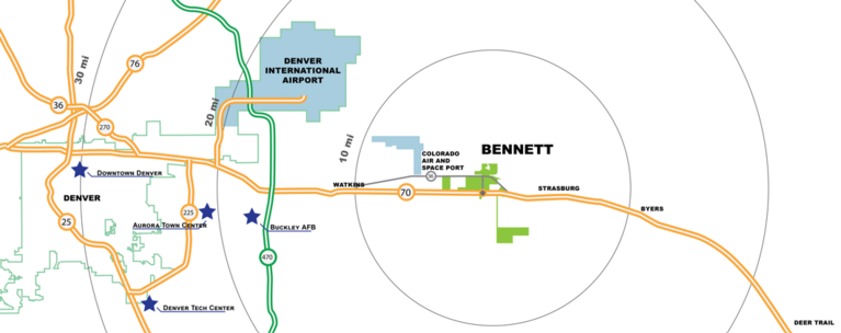 Map of Bennett Colorado and its surrounding area