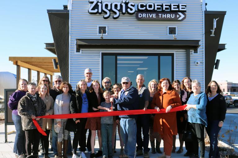 Image of ribbon cutting in front of a ziggis coffee shop