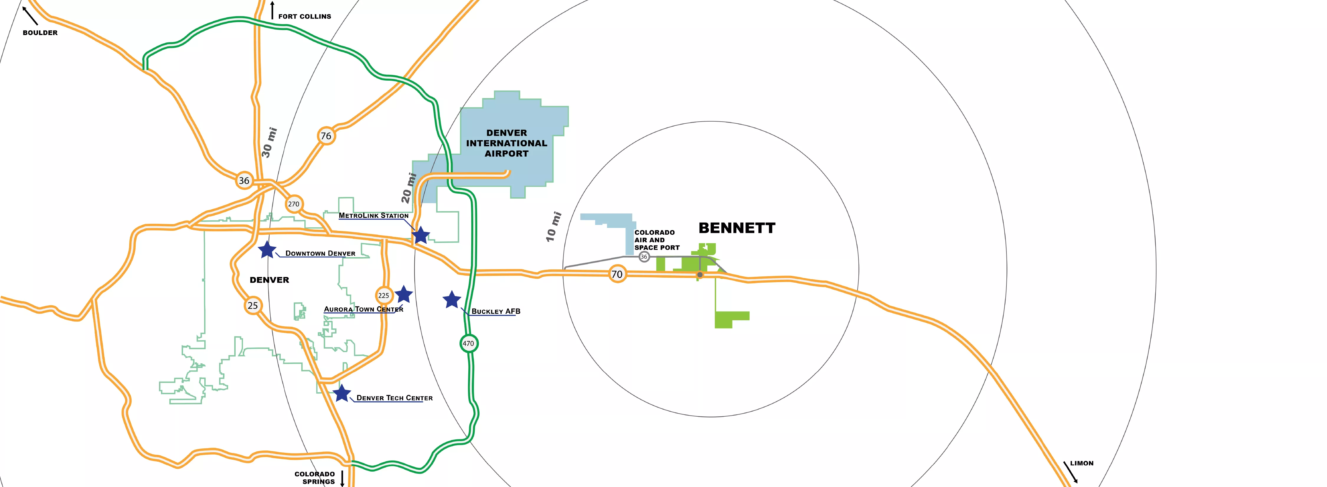 Map of bennett featuring major highway I-70 and featured points Denver International airport, denver, aurora, colorado air and space port. 